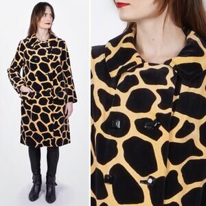 Vtg 1970s Black & Yellow Giraffe Print Velveteen Jacket Travelcoats by Naman | M